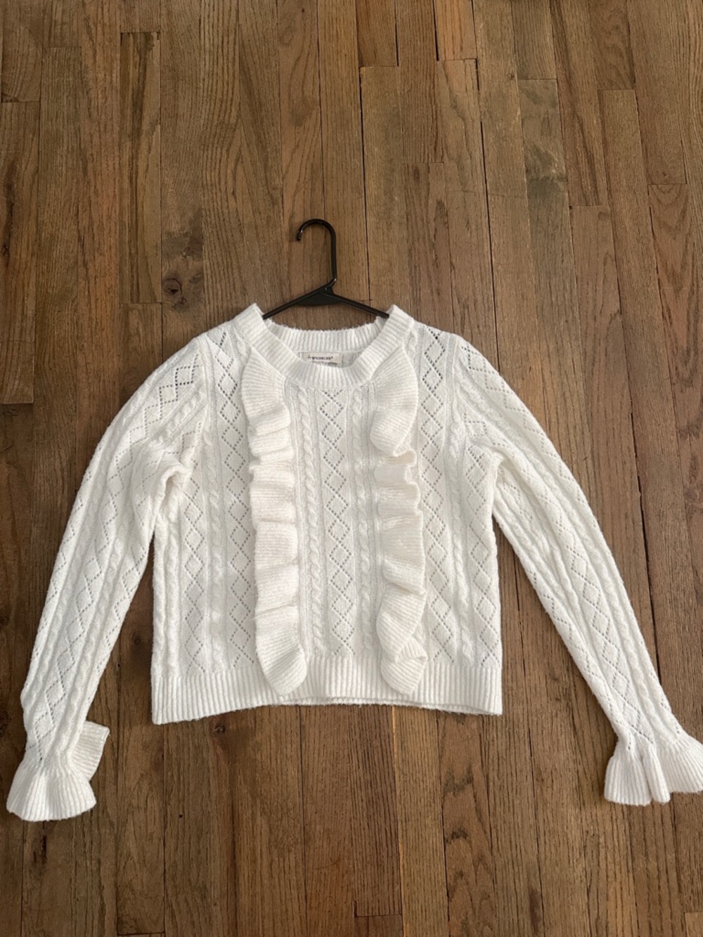 Francesca's Collections Ivory Ruffle Cable-Knit Crew Sweater